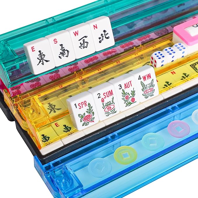 American Mahjong Game Set, 166 White Tiles, 4 All-in-One Color Rack/Pushers, Complete Mahjong Tile Set Red Printed Carrying Bag