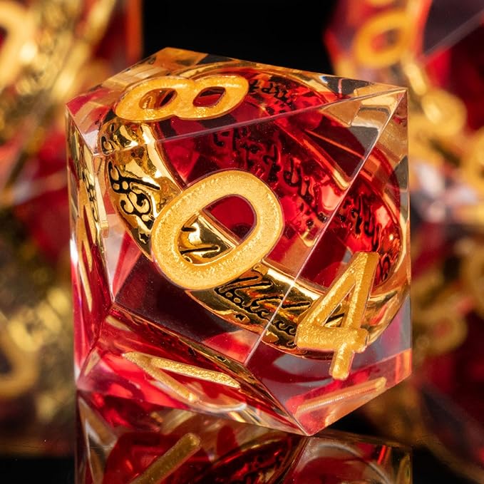 OUKELANWO Magic Lord Rings DND Dice Set with Box, 7Pcs Resin LOTR D&D Dice Set for Role Playing Game, Red Gold Dungeons Dragons D and D Sharp Edge Dice D20 D12 D10 D8 D6 D4