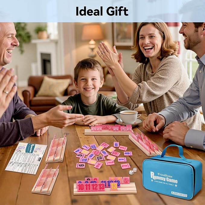 Rummy Cube 6 Player Edition with 6 Wooden Racks 160 Acrylic Tiles (1.5'') Rummy Game with Bag 6 Player Travel Size Rummy Game Large Number Rummy Tiles Game Set for Family Classic Board Games (Pink)