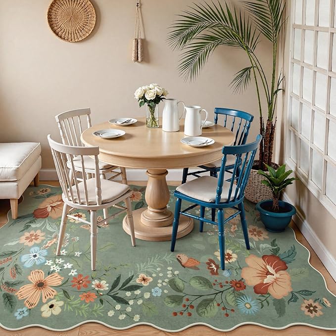 Beeiva Washable Rug 6x9 - Scalloped Floral Printed Soft Non Slip Kids Rugs for Bedroom Ultra-Thin Low Pile Boho Green Area Rug Aesthetic Throw Carpet for Living Room Playroom Dorm Office(Green,6x9ft)