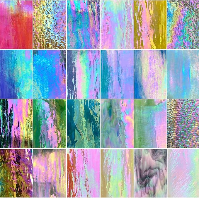 24 Sheets Iridescent Stained Glass Sheets Variety Pack, 6 x 4 inch Iridized Art Glass Mosaic Tiles for Crafts, Stained Glass Supplies for Stained Glass or Mosaic Projects