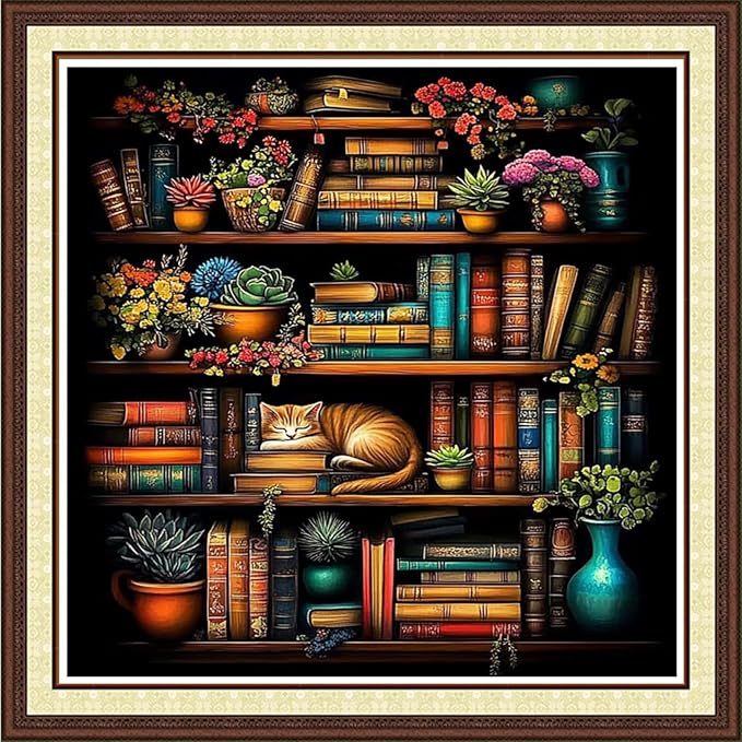 Findvoor Counted Cross Stitch Kits for Adults Full Range of Cross Stitching Embroidery Unprinted Pattern for Beginners, 11CT Needlepoint Kit Patterns Embroidery Kits-Bookshelf Cat 18x18 inch
