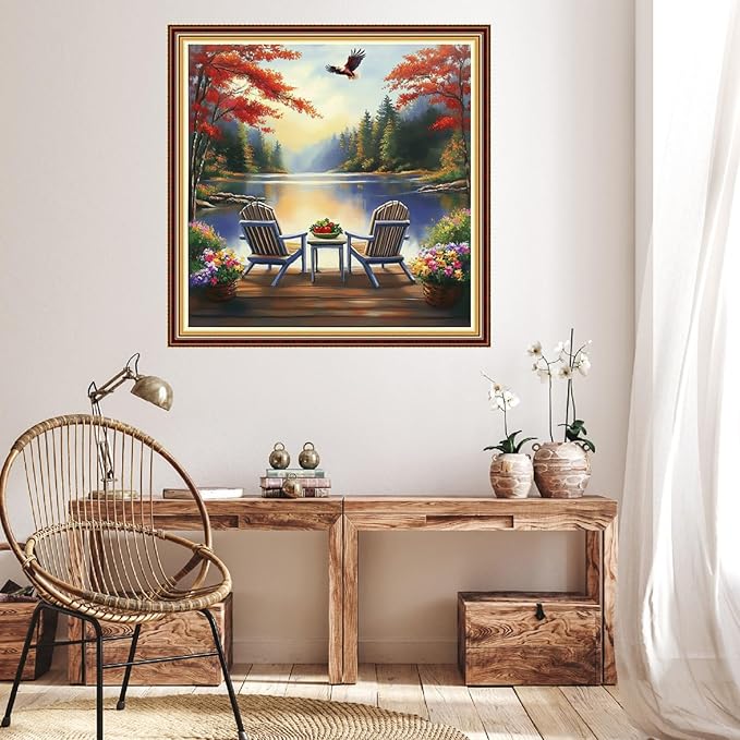 Hopeart Stamped Cross Stitch Kits for Beginner Embroidery Kits for Beginners Adults DIY 11CT Cross Stitch Patterns Needlepoint Kits Crossstitching Kits-Rest by The Lake 18x18 inch