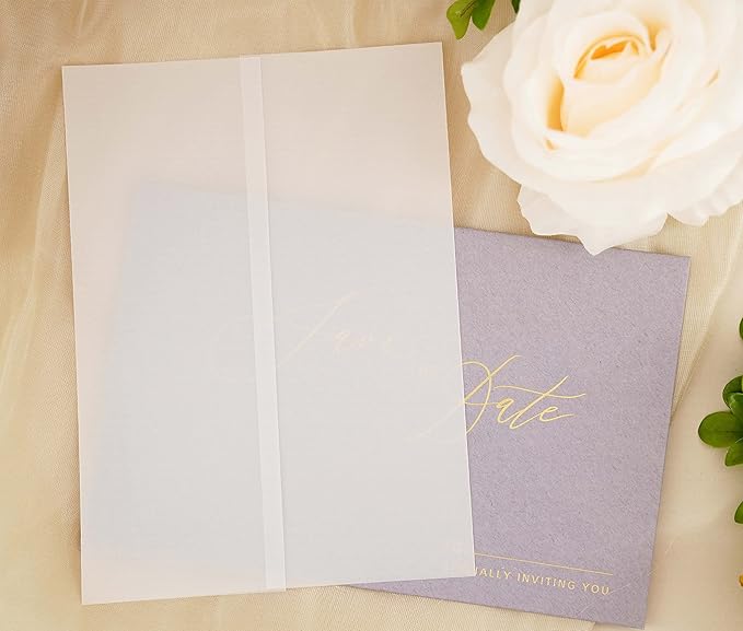 Puremigo 120 Pack Luxury Pre-Folded Vellum Jackets for 5x7 Invitations - Vellum Paper 5x7 Jackets - 115GSM Wedding Invitations Wraps - Transparent
