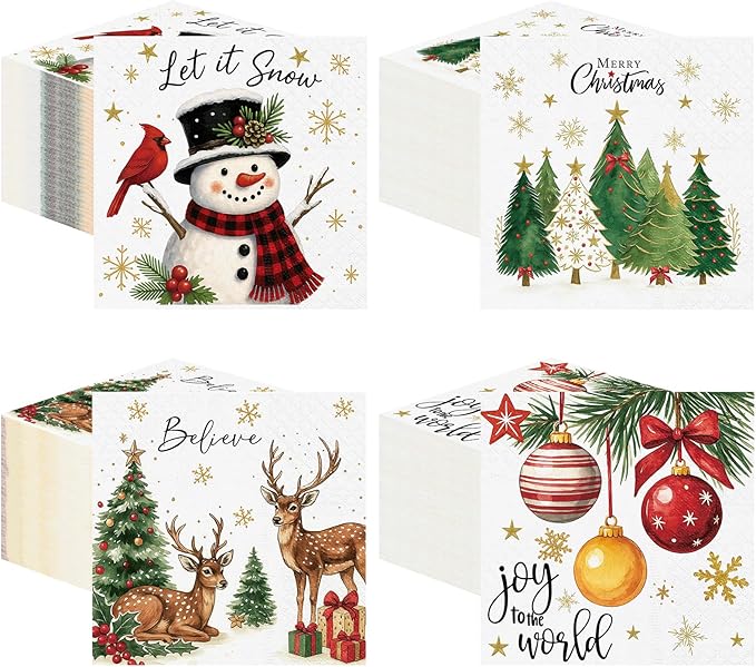 Janlaugh 200 Pcs Christmas Paper Cocktail Napkins Disposable 2 Ply Xmas Style Decoupage Beverage Napkins for Xmas Holiday Winter Dinner Table Decor (Classic Style)