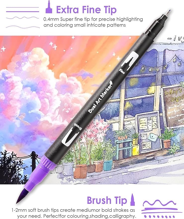 Dual Tip Markers, Double Brush Art Markers Set with Fine Tip and Brush Tip for Adult Coloring Book, Hand Lettering, Calligraphy & Drawing, Art Supplies Kit for Kids and Adults (72 Colors)