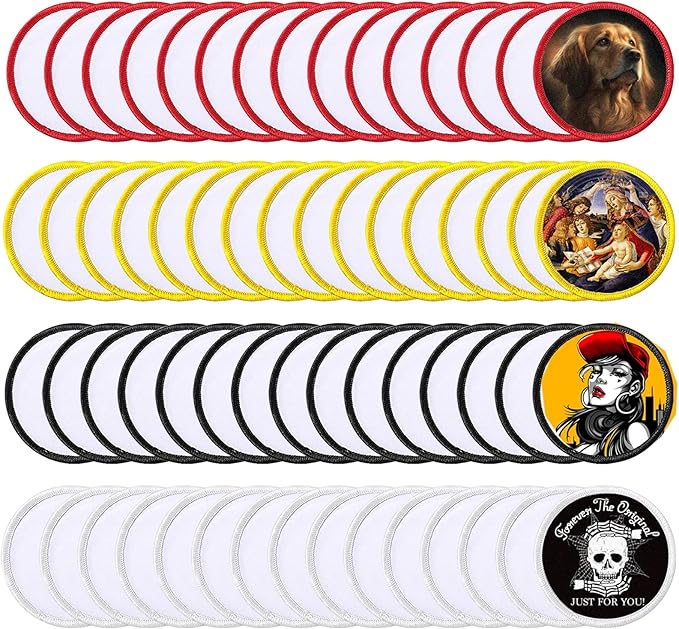 GUX 60 Pieces 4 Colors Round Patch Iron-on Sublimation Blanks Patches Fabric Patch Blanks Repair Blank Patches for DIY Hats Shirts Shoes Jeans Bags Supplies (4Colors Round Mixed / 60PCs)