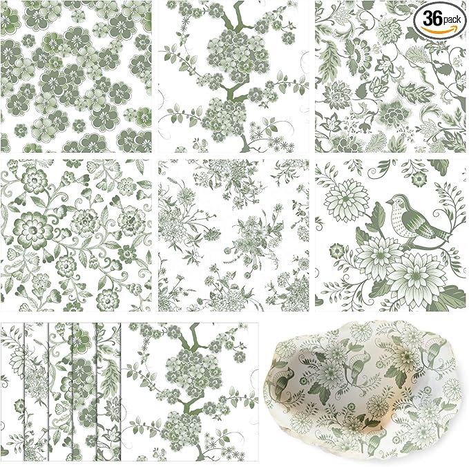 Epakh 36 Pack 6 Style Sage Green Decoupage Paper Napkins Assorted Floral Decorative Decoupage Napkin Chinoiserie Cocktail Paper for DIY Crafting Fall Christmas Wedding Party Decor, Each Unfolded 13''