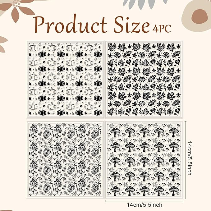 CHGCRAFT 4Pcs Pumpkin Maple Leaf Polymer Clay Texture Sheet Pinecone and Mushroom Autumn Silicone Clay Texture Mat for Polymer Clay Making Earrings Jewelry DIY Crafts 5.5 × 5.5 Inch