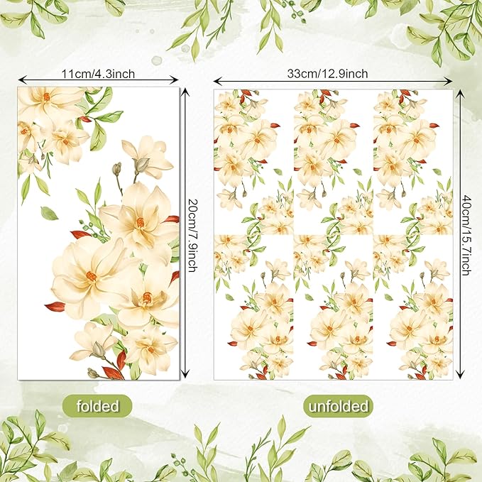 60 Pack 3 Styles Floral White Magnolia Blossom Guest Napkins Disposable Paper Spring Flowers Dinner Hand Napkin for Bathroom Wedding Holiday Anniversary Birthday Party Bridal Decorative Towels