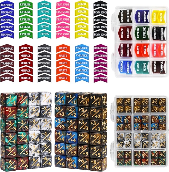 SIXPOINTS 108PCS 12mm MTG Counter Dice +1/+1 Tokens 6 Sided Dice & MTG Keyword Counters Tokens Set for Magic The Gathering, MTG, TCG, Card Games Accessories (4 Color Dices#F + MTG Keyword Counters)