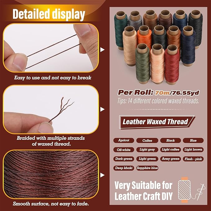 0.55 mm Round Waxed Thread, 14 Colors 76 Yards Spool Wax Coated String, Leather Sewing Waxed Thread for Sewing, Stitching, Beading, Bookbinding, Braiding, Bracelet