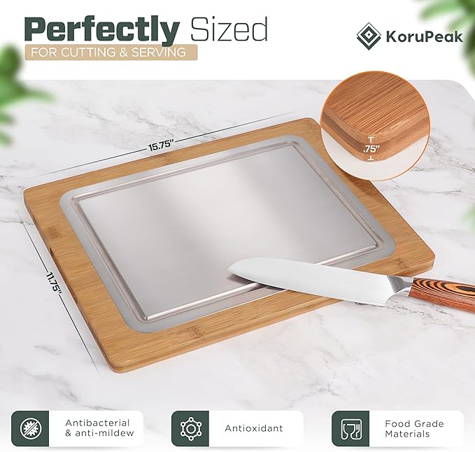 Pure Titanium Cutting Board - Double-Sided Titanium Cutting Board for Kitchen with Bamboo Side - Large 16"x12"