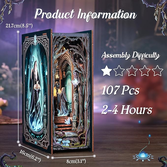 Cutefun Book Nook Kit - Decorative Bookend Alley Build Model with LED Light, DIY Miniature Dollhouse Kit 3D Wooden Puzzle for Adults, Teens, Crafts Gifts for Bookshelf Decor (The Gate of Wonderland)