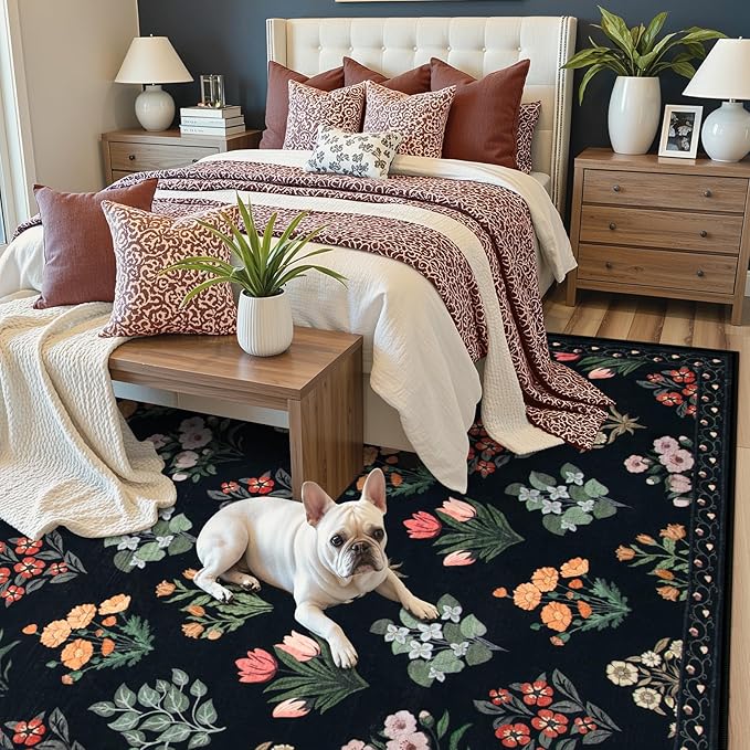 Wonnitar Floral Print 8x10 Washable Rug, Non Slip Black Dining Room Rug, Moroccan Large Stain Resistant Low Pile Indoor Carpet for Bedroom Playroom Home Decor, Black/Multi