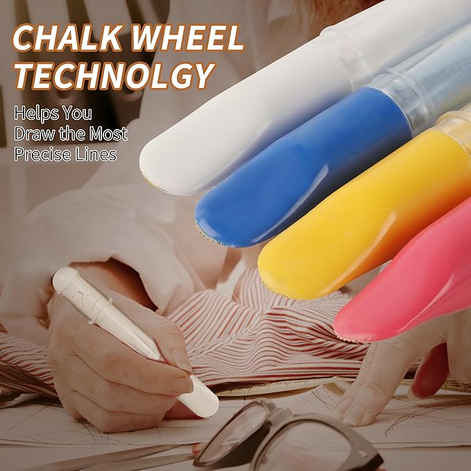 (4-pack) Fabric Chalk Markers (Red, Yellow, Blue, White) -Erase Tailor’s Chalk for Quilting and Sewing - Compatible with Most Fabrics - With Dosing Wheel Technology, 4 Colors