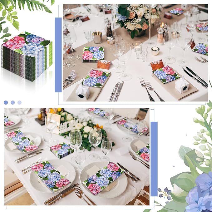 60 Pcs Hydrangea Cocktail Paper Napkins 6.5 x 6.5 Inches Disposable Paper Napkins Dessert Beverage Napkin for Decoupage Luncheon Napkin for Party Wedding Birthday Party