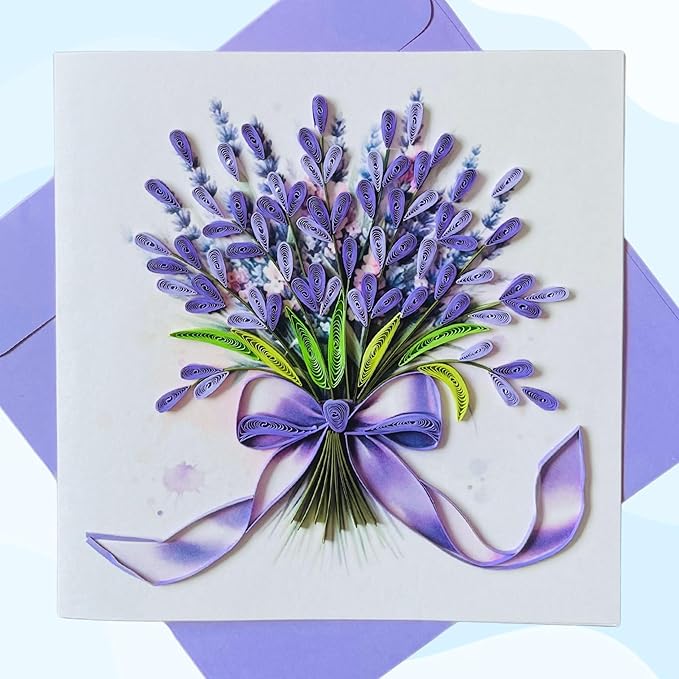 Quilling Cards, handmade card, quilled cards with Dedicated Paper Handmade Art for all occasions: Mother's day, Father's day, Birthday... Lavender flowers bouquet