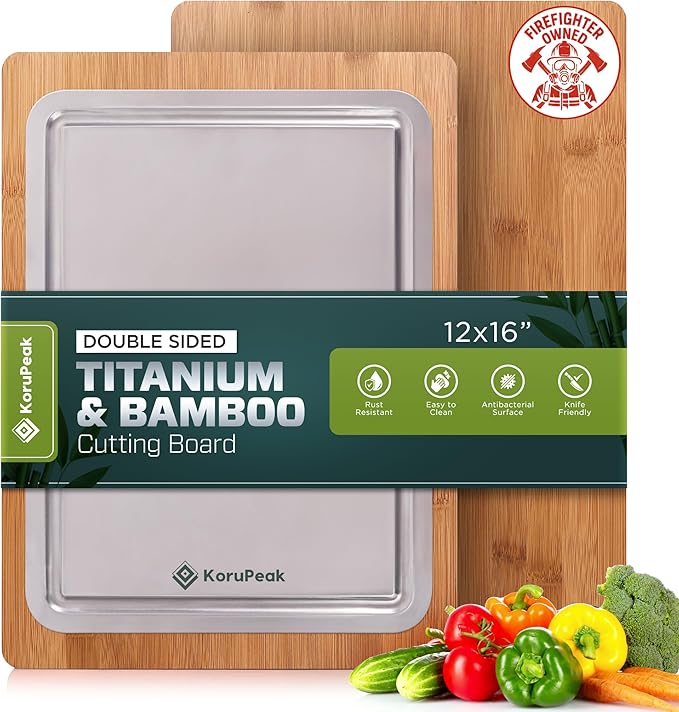 Pure Titanium Cutting Board - Double-Sided Titanium Cutting Board for Kitchen with Bamboo Side - Large 16"x12"