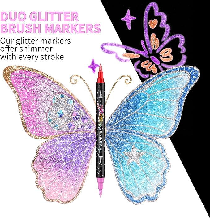 24 Colors Dual-tip Watercolor Markers, 12 Pack Glitter Brush Markers, Water-based Ink Sparkle Pen,Glitter Paint Pens for Adults Coloring,DIY Crafts,Doodle Writing, Art Crafts Gifts