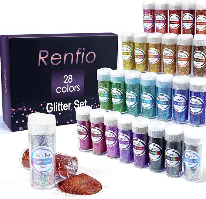 Renfio 28 Colors Holographic Glitter Set, 14.81oz 420g Ultra Fine Glitter Powder PET 1/128" 0.008" 0.2mm Resin Suppies Assorted Craft Glitter for Fake Nails, Resin Art, Tumblers, Slime, Hair, Bomb
