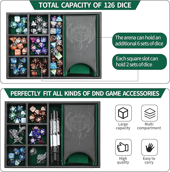 3 in 1 Dice Tray with Lid, Portable Dice Box Storage, D&D RPG MTG Table Games (Green)