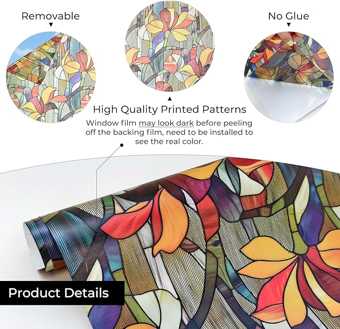 Window Privacy Film, Frosted Glass Decorative Static Cling, Removable Sun Blocking Vinyl Covering, Window Film for Home Kitchen Living Room Bathroom, Glazed Flower Shadows, 17.5" x 78.7 "