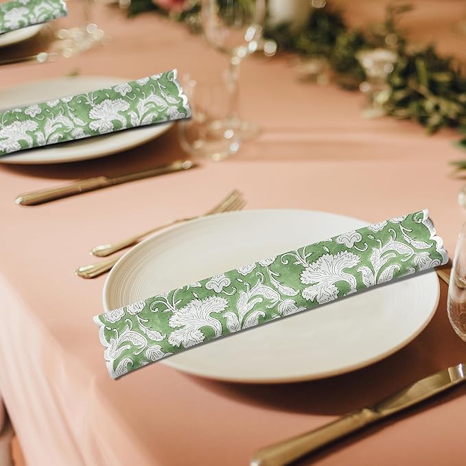 Ridhi Sage Green Hand Block Print Napkins 18" x 18" Set of 4 Reusable Cotton Dinner Napkins for Weddings, Parties & Everyday Dining, Thanksgiving, Christmas, Fall