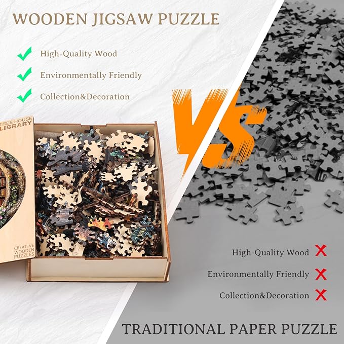 KAAYEE Wooden Puzzles for Adults, 3D Visual Effect Tree House Library Wooden Jigsaw Puzzle Unique Shape Wood Puzzle Adult, 3D Effect Flat Puzzle Birthday Family Games (M-11.4 * 11.4 in-200pcs)