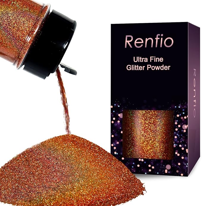 Renfio Holographic Ultra Fine Glitter Powder Metallic Resin Glitter 2.11 Oz (60g) PET Flakes Crafts Sequins 1/128" 0.008" 0.2mm Epoxy Chips Flakes for Tumblers Slime - Laser Light Copper