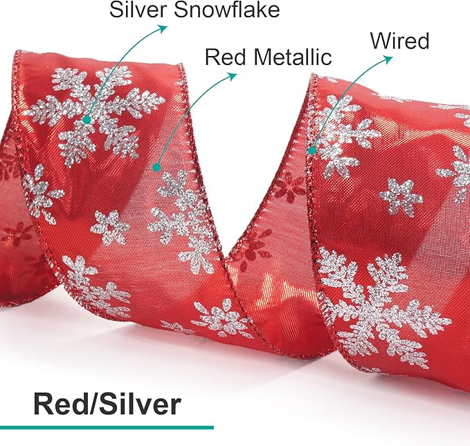 CT CRAFT LLC Red Metallic with Silver Glitter Snowflake Wired Ribbon 2.5 Inch x 25 Yards for Christmas Home Decor Tree Topper Bow Gift Wrapping DIY Crafts Wreath Garland