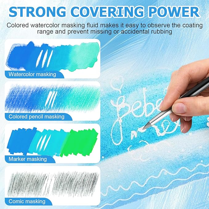 WANJAO Masking Fluid for Watercolor Painting, Liquid Masking Tape with Silicone Pens Cleaning Brush for Painting Fast Drying Easy Peel Use to Art Watercolor Supplies Retouching Covering, 30ml White