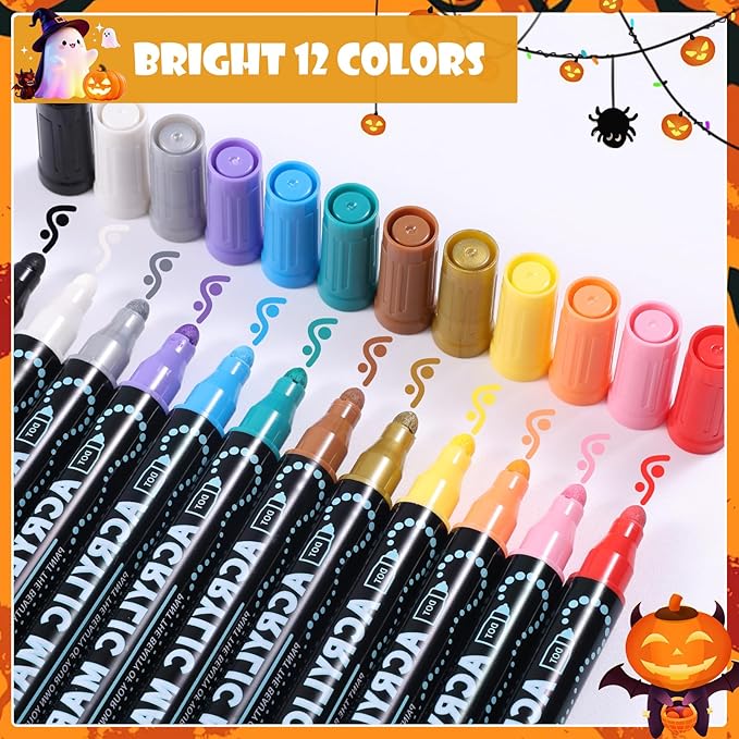 12 Colors Waterproof Dual Tip Acrylic Paint Pens, Dot & Fine Tip Premium Coloring Drawing Markers Set for Wood, Rock Painting, Canvas, Glass, Ceramic Surfaces and DIY Crafts Making Art Supplies
