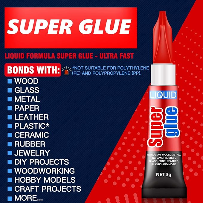 3 Gram (Pack of 24) Single Use Super Glue Liquid, Super Fast, Thin & Strong Adhesive Superglue, Cyanoacrylate Glue for Hard Plastics, DIY Craft, Ceramics, Leather, Metal Etc