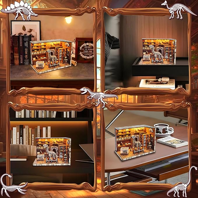 3D Wooden Puzzles for Adults, DIY Miniature Dollhouse, Book Nook Kit, Built-in LED Model Kit Hobby Gifts for Adults Teens Home Decor, Ideal Gift for Teenager and Men (Dinosaur Museum)