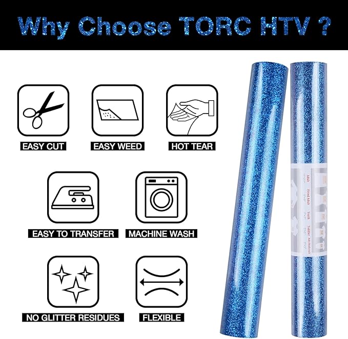 TORC Royal Blue Glitter HTV Heat Transfer Vinyl Roll 12 inch x 5 ft Iron on Vinyl for T Shirts Crafts