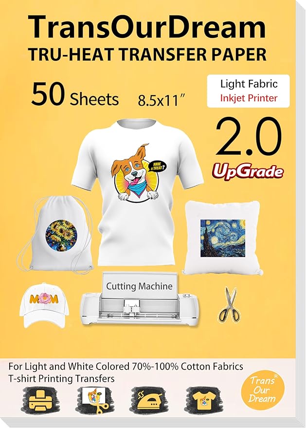 TransOurDream Upgraded Iron on Heat Transfer Paper for T Shirts (50 Sheets, 8.5x11") Iron on Transfers for Light Fabric Printable Heat Transfer Vinyl for Inkjet Printer (L2-50)