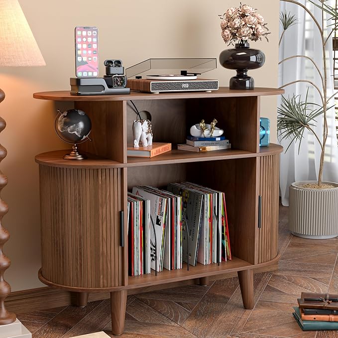 Large Round Record Player Stand with Charging Station & USB Ports，Record Storage Cabinet, Mid Century Modern Turntable Stand for Bedroom Living Room (Small Brown)