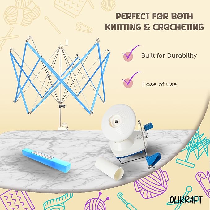 Olikraft Crochet Yarn Winder for Crocheting and Umbrella Swift (with Skein Holder) Combo Set - Yarn Spinner for Crocheting, Cake Ball Winder, Roller, Baller, Spooler