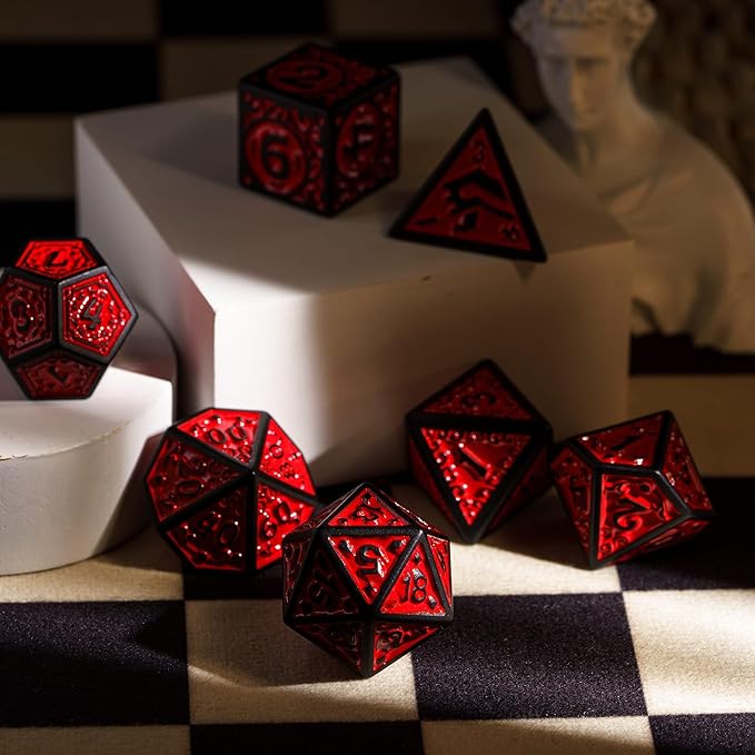 7-Die DND Dice Set New Pattern Polyhedral Dice Set with Leather Bag D&D Die for RPG Table Games(Black Red)