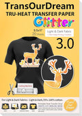 TransOurDream Glitter 3.0 Heat Transfer Paper for Inkjet Printer (20 Sheets, 8.5x11'') Printable Heat Transfer Vinyl for T Shirts Iron on Transfers for Light & Dark Fabric (TOD-GL3-20)