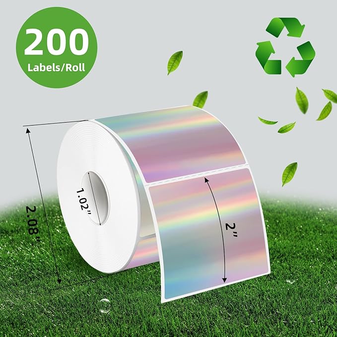 2" x 2" Square Thermal Label Stickers, Holographic Square Direct Thermal Sticker Labels, Perforation Line Design- Holographic Gradient Color