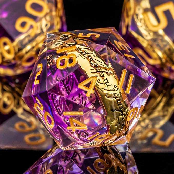 OUKELANWO Magic Lord Rings DND Dice Set with Box, 7Pcs Resin LOTR D&D Dice Set for Role Playing Game, Purple Gold Dungeons Dragons D and D Sharp Edge Dice D20 D12 D10 D8 D6 D4