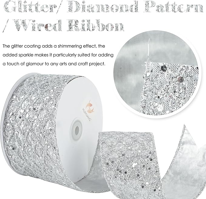 HUIHUANG Silver Glitter Wired Ribbon for Christmas Tree 2.5 inch Silver Diamond Mesh Ribbon for Tree Decoration, Wreaths, Garland, Gift Wrapping, Large Bows Making, Home Decor -10 Yards