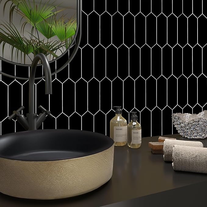 SUNWINGS Backsplash Tile for Kitchen Peel and Stick, Stone Composite Self Adhesive Tiles Long Hexagon Mosaic Wall Tile for Kitchen, 12 Inch x 11.22 Inch 10 Sheets Black Matte