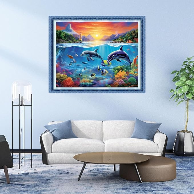 DMCVIVR Stamped Cross Stitch Kits for Adults Beginners Embroidery Kits 11CT Needlepoint Kits Cross Stitch Patterns Embroidery Patterns&Dolphin Sea World 16x20 inch