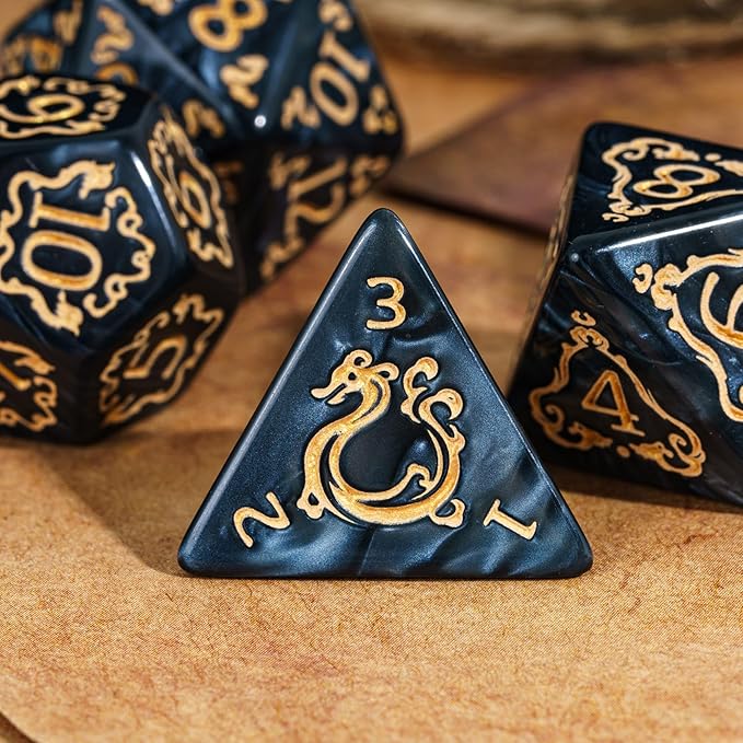 7-Die DND Dice Set Dragon Pattern Polyhedral Die with Leather Bag D&D Dice Set for RPG Table Games (Black W/Gold Dragon Pattern)