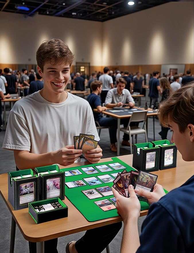 Card Deck Box for MTG with Commander Display, 5 in 1 Card Deck Case Holds 800+ Unsleeved Cards, Strong Magnet Organizer Compatible with Yugioh TCG Sports Cards (Black&Green)