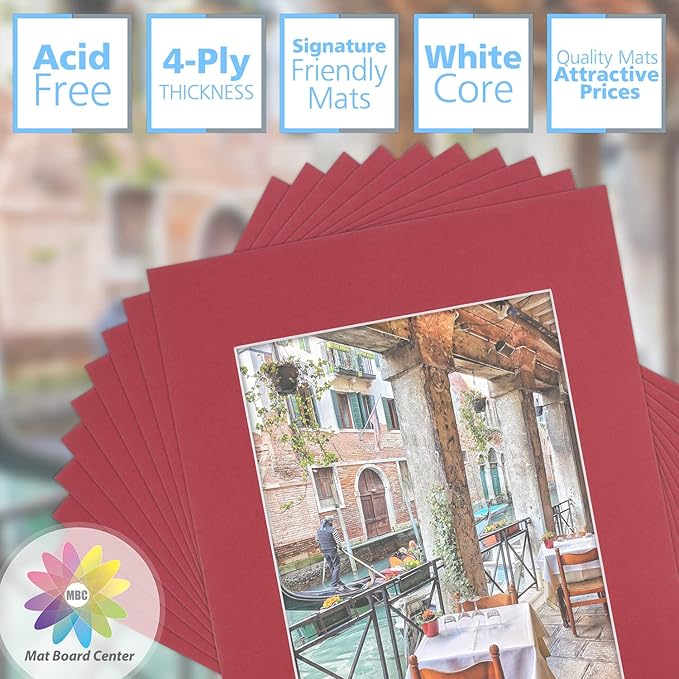 Mat Board Center, Pack of 10, 11x14 for 8x10 China Red Color Mats - Bevel Cut, Acid Free, 4-ply Thickness, White Core - for Pictures, Photos, Framing