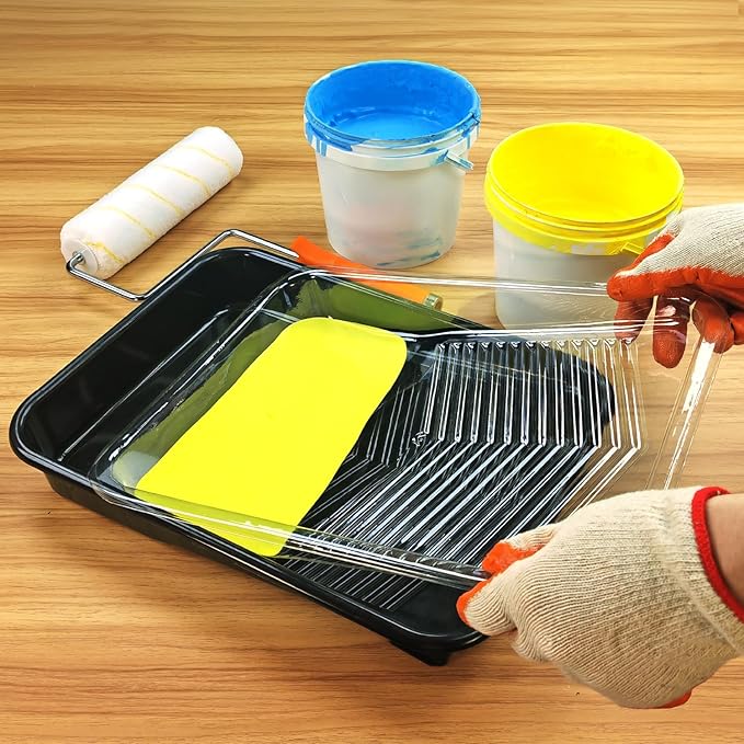 Great Andrew 9 Inch Paint Tray Set, 15-Pack, Plastic Paint Tray with 12 Textured Tray Liners, Paint Roller Liners Kit with Roller and Wire Roller Frame for Painting Walls, Ceilings, Trim, Siding